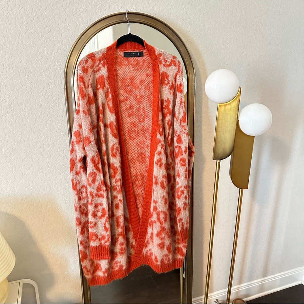 Religion Blush And Red/Orange Leopard Print Cardigan